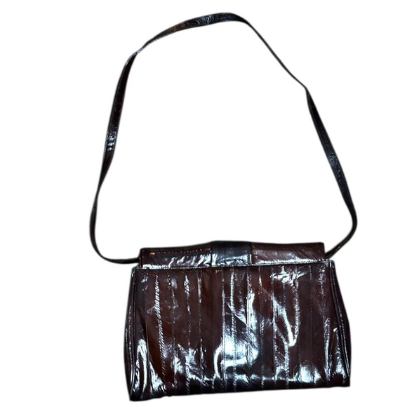 Women’s Vintage Genuine Eel Skin Shoulder Bag Brown Convertible Clutch - Picture 2 of 8
